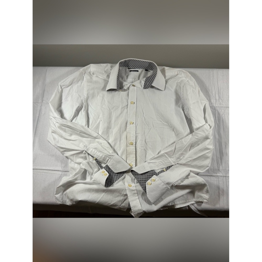 Quieti Mens White Cotton Paisley Jacquard Gingham Trim Button Up Shirt Large